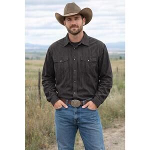 Mexx Men's Black Pinstripe Shirt with Pearl Snap-Button -‎ Large